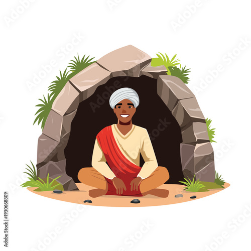 Man seated outside stone cave wearing traditional clothing