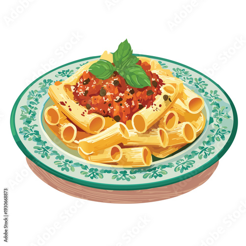 Pasta dish on a decorative plate with basil garnish