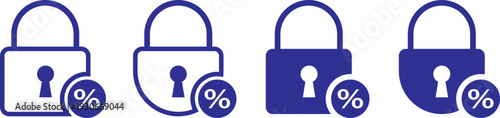 Fixed interest rate icon. Home equity loan symbols. Banking and credit union signs. Fixed interest rate concept icon with a black padlock and percentage symbol for financial security. Financial Securi