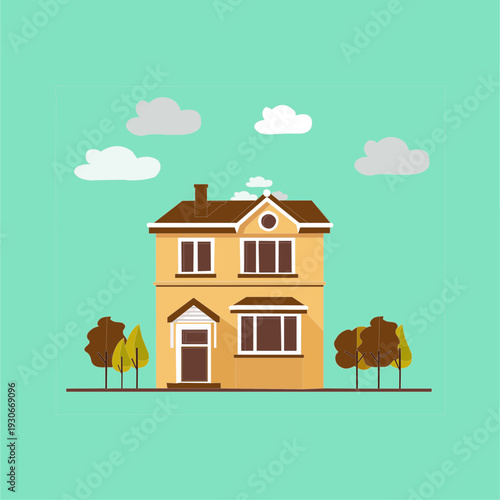 Flat vector illustration of a two-story suburban house with a brown roof, autumn trees, and clouds on a mint green background. Minimalist real estate and home sweet home concept design.