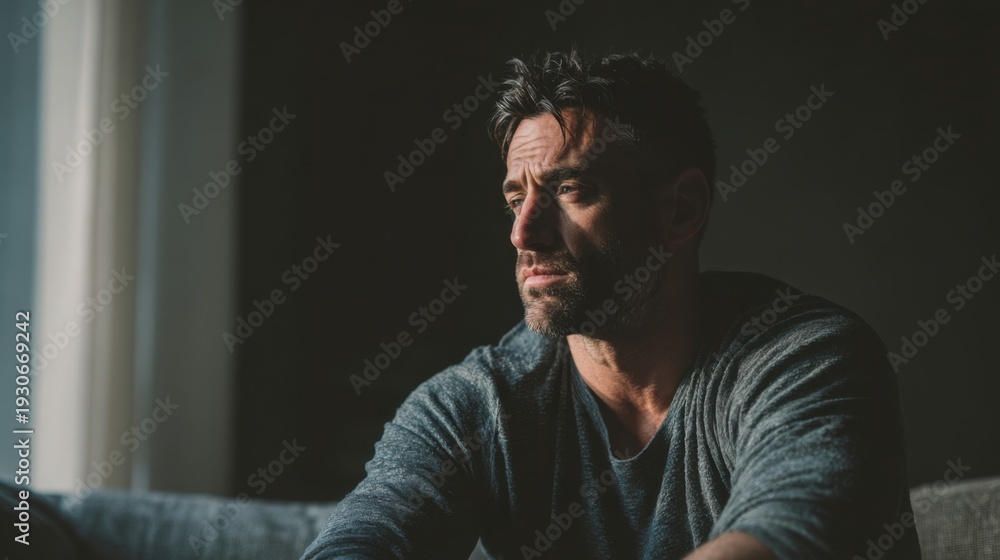 Fototapeta premium Man feeling sad, looking away, reflecting on worries, mental health awareness