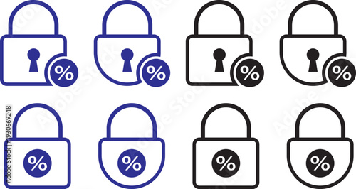 Fixed interest rate icon. Home equity loan symbols. Banking and credit union signs. Fixed interest rate concept icon with a black padlock and percentage symbol for financial security. Financial Securi