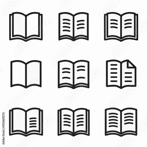 Set of modern open book icons in black and white for educational or business use