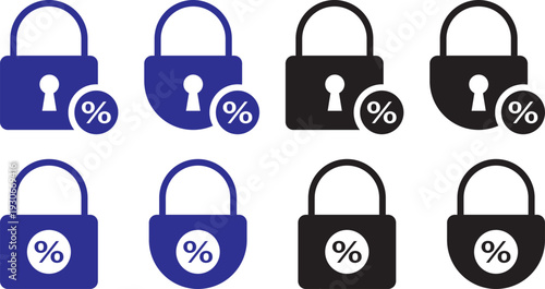 Fixed interest rate icon. Home equity loan symbols. Banking and credit union signs. Fixed interest rate concept icon with a black padlock and percentage symbol for financial security. Financial Securi