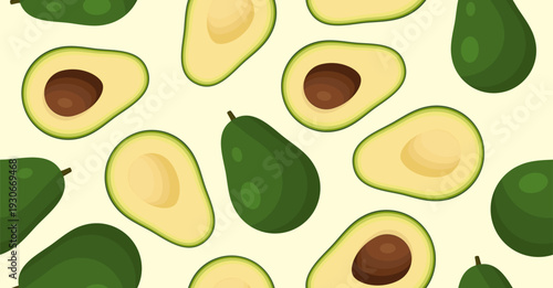 Seamless pattern with green ripe avocado and slices. Flat vector illustration on light background
