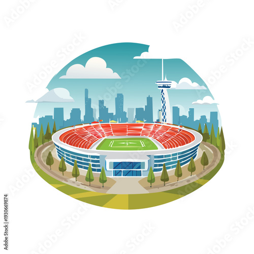 Illustrated stadium with cityscape and sports field in daylight