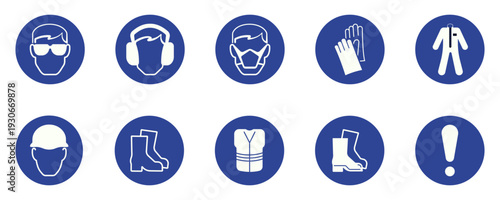 Personal protective equipment safety icons set showing helmet, gloves, boots, mask, goggles, vest, clothing and warning symbol, ideal for workplace safety signs, manuals and industrial protection use.