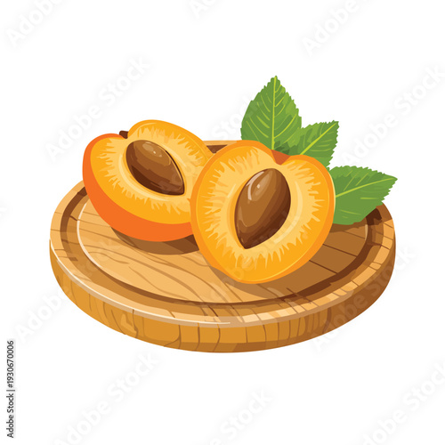 Fresh halved apricots with leaves on a wooden cutting board