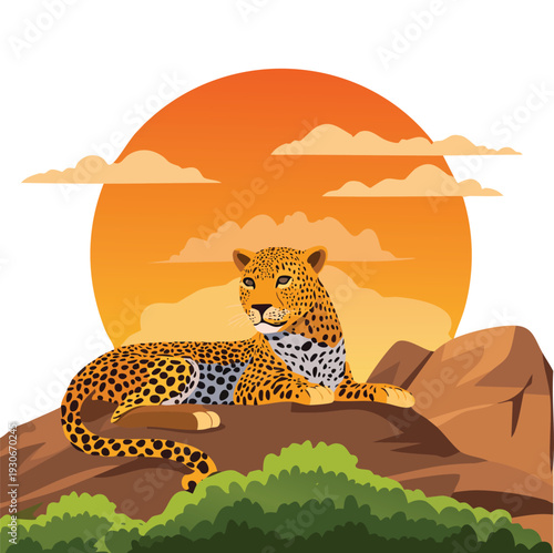 Leopard resting on a hillside with sunset background