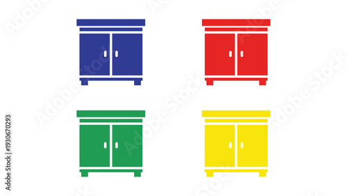 Four colorful storage cabinets displayed in a grid layout with distinct hues