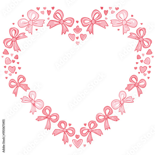 Pink bows and hearts form a heart shape on a white background