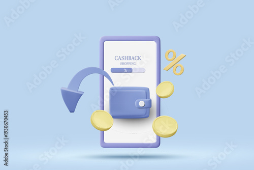3D vector illustration of smartphone screen with purple wallet blue return arrow gold coins and percentage sign. Concept for online shopping cashback refund mobile banking reward template.