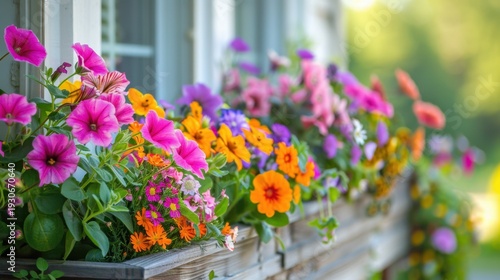 Wallpaper Mural A vibrant display of colorful flowers in a wooden planter. The scene features various blooms including petunias and marigolds, creating a lively garden atmosphere. Torontodigital.ca