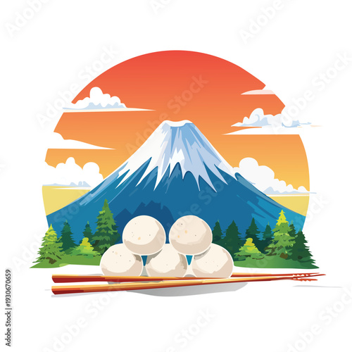 Mountain illustration with food and chopsticks