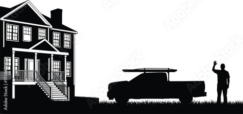House and pickup truck silhouettes with man waving in front yard isolated on white background, residential home and suburban lifestyle concept