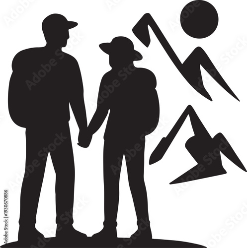 Adventure couple travel silhouette holding hands, romantic journey and shared exploration concept, lifestyle travel illustration, clean minimal vector design.