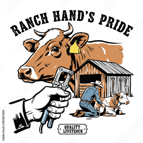 Vintage western ranching illustration with cowboy caring for calf and cow head, quality livestock vector graphic for farm branding and t-shirt design.