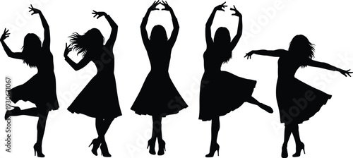 Silhouette of dancing women in elegant dresses performing expressive dance poses isolated on white background, artistic movement and female performance concept