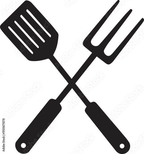 “BBQ Grill Tools Silhouette Vector – Spatula and Fork Crossed Icon, Barbecue Utensil Illustration, and Cooking Design Art” .