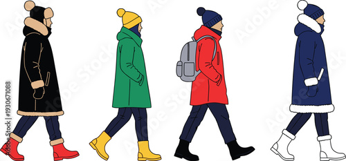 People walking in winter clothes illustration, men and women in warm coats and boots isolated on white background seasonal fashion concept