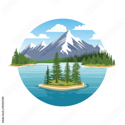 Mountain lake island landscape illustration