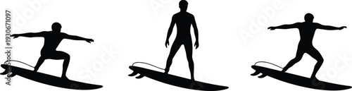 Surfing athlete silhouettes vector illustration set, man riding ocean wave on surfboard isolated black water sport collection