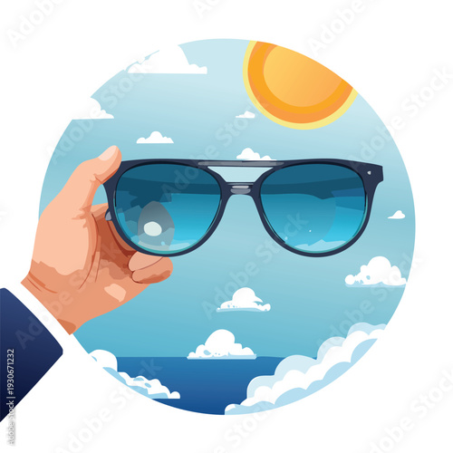 Person holding sunglasses with summer scene background