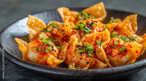 Crispy fried wonton wrapper filled vibrant zesty mixture of spicy Korean chili paste chopped pickled daikon radish clean professional stock photo sharp macro photography style cinematic realism ultra