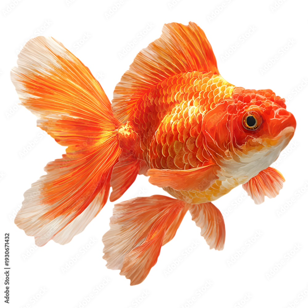 Fototapeta premium Vibrant orange goldfish with flowing fins and scales glistening in the light, swimming gracefully with a majestic appearance and a striking white belly.