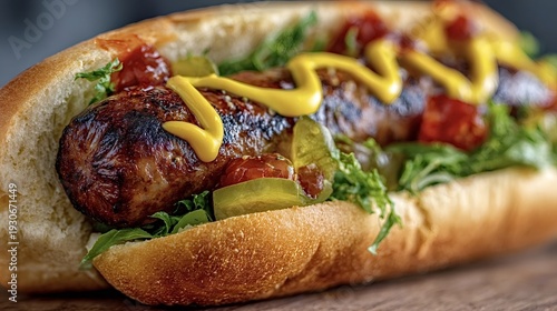 Grilled sausage hot dog on a soft bun with yellow mustard, diced tomatoes, sliced pickles and crisp lettuce  close up side view of a tasty, classic street food snack
