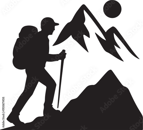 Mountain trekking human silhouette with backpack, hiking adventure and outdoor exploration concept, nature travel lifestyle, clean black vector illustration.