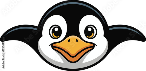 Cute cartoon penguin mascot with big eyes and friendly smile in minimal clean hand drawn line art style.