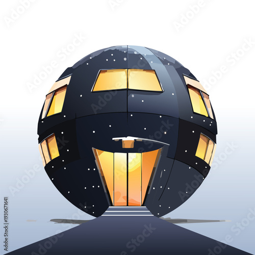 Futuristic spherical building illuminated windows against sky
