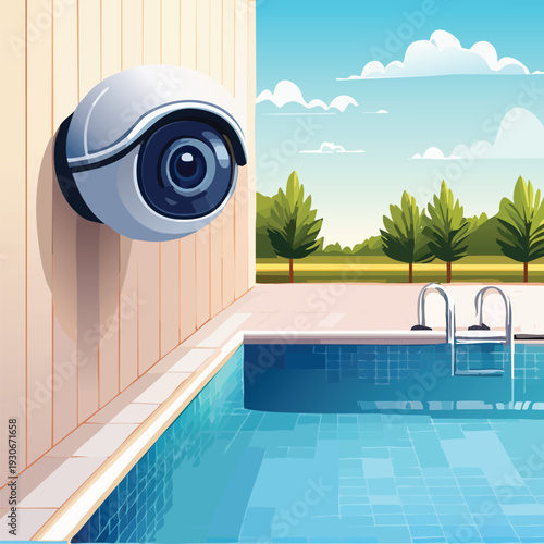 Modern security camera overlooking pool outdoors