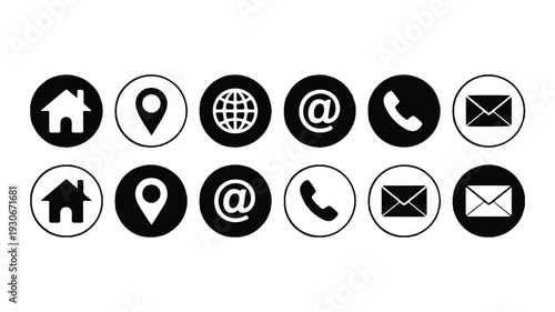 black and white business communication icons on white background