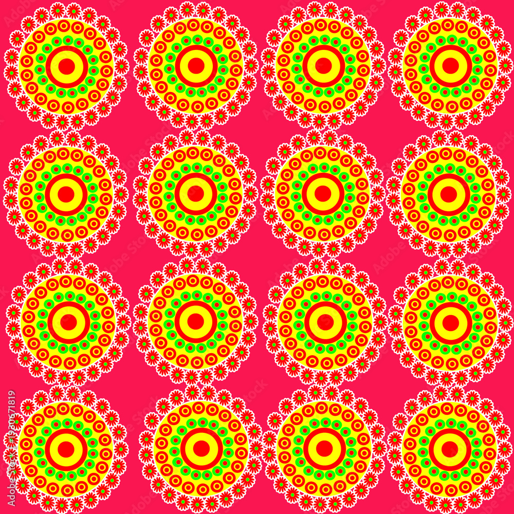 Fototapeta premium Seamless Mandala Pattern with Vibrant Colorful Circular Motifs on Decorative Background