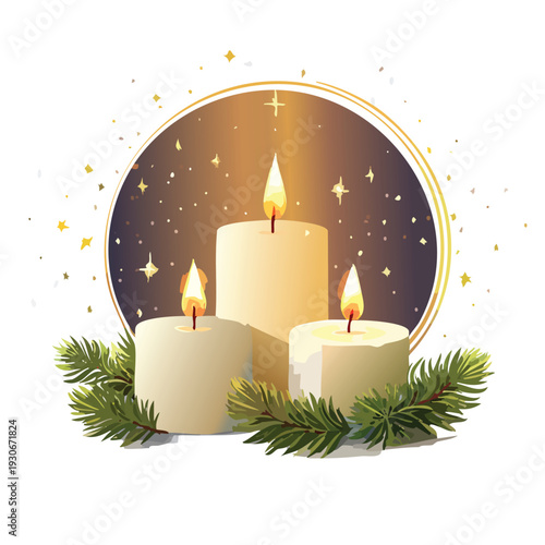 Lit candles and decorative pine branches on dark background