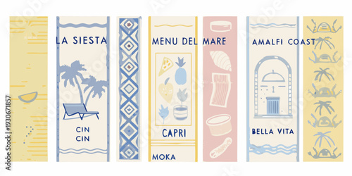 A series of illustrated travel themed rectangular labels with text