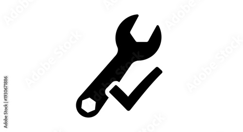 Black Wrench Tool and Checkmark Icon for Maintenance and Service on Isolated White Background