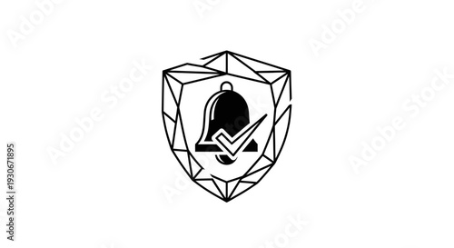 Outline Shield with Notification Bell and Checkmark Icon on Isolated White Background