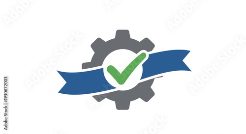 Mechanical gear icon with a blue ribbon and a green checkmark, symbolizing verified quality and reliable service on an isolated white background.