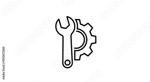 Outline icon of a wrench and a mechanical gear, symbolizing engineering, repair, and maintenance services on an isolated white background.