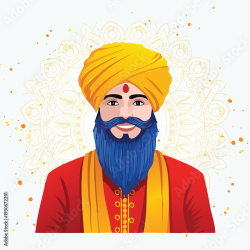 Illustrated man with colorful turban and beard on white background