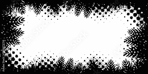Abstract black frame featuring fern like patterns and scattered speckles