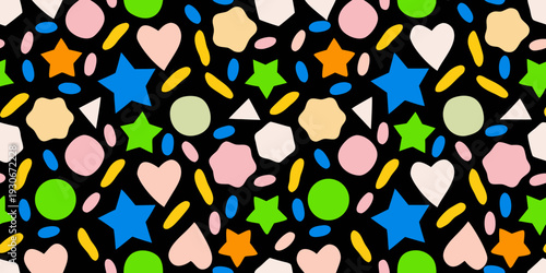 Colorful geometric shapes and stars scattered across a black background