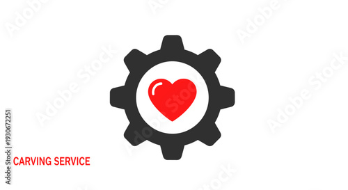 Mechanical gear icon with a red heart in the center, symbolizing caring service and passionate support on an isolated white background.