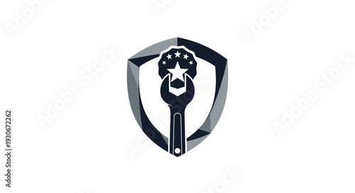 Shield icon with a wrench and stars, symbolizing protected, quality mechanical service and reliable support on an isolated white background.