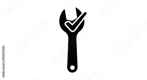 Black wrench icon with a green checkmark, symbolizing successful repair, verified service, and completed maintenance on an isolated white background.