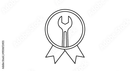 Wrench Icon in Circle with Ribbon Badge Symbolizing Certified Quality Repair Service on Isolated White Background