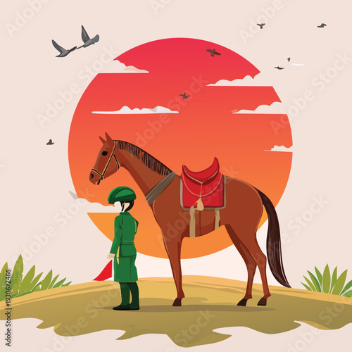 Racehorse with jockey standing before sunset